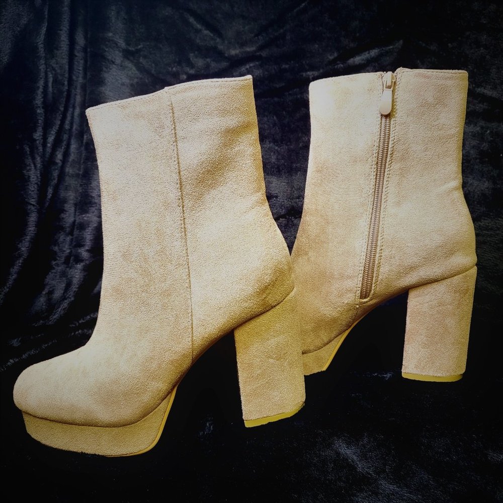 ☆ Mata Taupe (Nude) Faux Suede Ankle Boots With 3.5" Chunky Heel - Picture 5 of 7